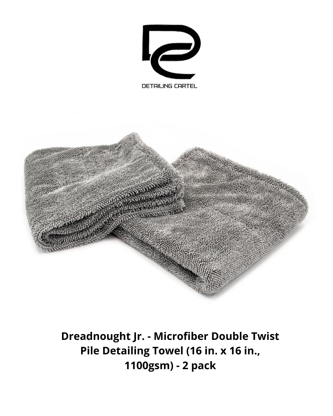 Dreadnought Jr. - Microfiber Double Twist Pile Detailing Towel (16 in. x 16 in., 1100gsm) - 2 pack