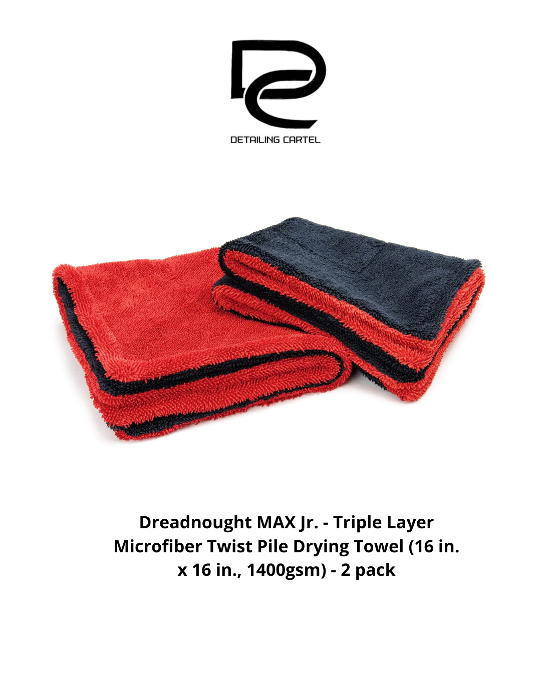 Dreadnought MAX Jr. - Triple Layer Microfiber Twist Pile Drying Towel (16 in. x 16 in., 1400gsm) - 2 pack