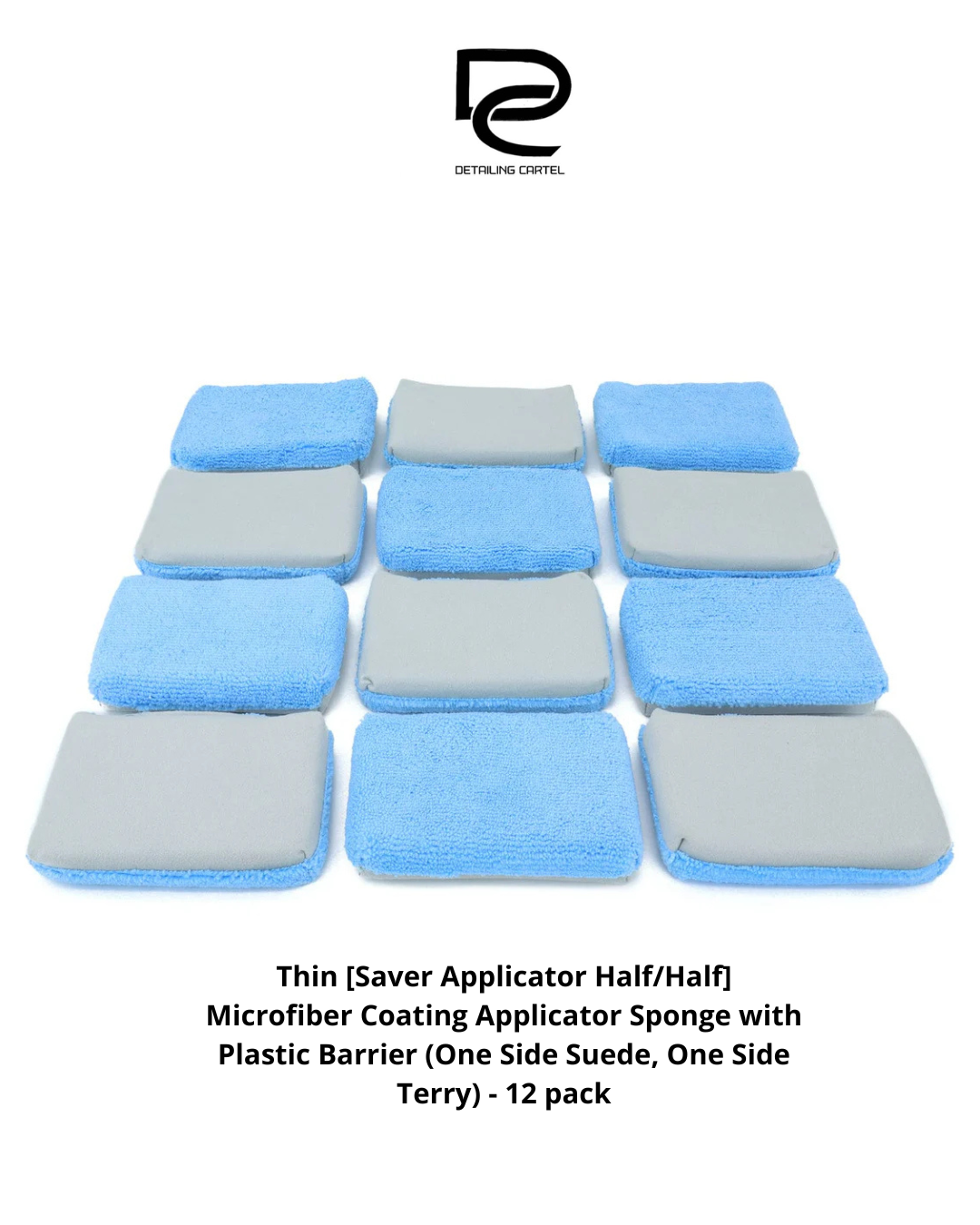 Thin [Saver Applicator Half/Half] Microfiber Coating Applicator Sponge with Plastic Barrier (One Side Suede, One Side Terry) - 12 pack
